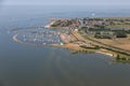 Aerial view Dutch village Stavoren at lake IJsselmeer with marina