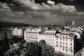 Aerial view of East European City. Many buildings with a mountain background. Urban sprawl. Rila hotel view. Bulgaria, Sofia - Sep