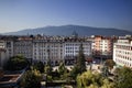 Aerial view of East European City. Many buildings with a mountain background. Urban sprawl. Rila hotel view. Bulgaria, Sofia - Sep