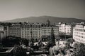 Aerial view of East European City. Many buildings with a mountain background. Urban sprawl. Rila hotel view. Bulgaria, Sofia - Sep