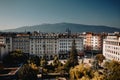 Aerial view of East European City. Many buildings with a mountain background. Urban sprawl. Rila hotel view. Bulgaria, Sofia - Sep