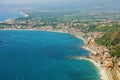 Aerial view of Eastern Sicily coast with blue sea. Beautiful Italy coastline Royalty Free Stock Photo