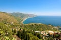 Aerial view of Eastern Sicily coast with blue sea. Beautiful Italy coastline Royalty Free Stock Photo