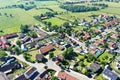 Aerial view from the edge of a village in the north of Germany with agricultural land and small patches of forest in the Royalty Free Stock Photo