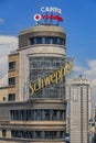 Aerial view of the Edificio Carrion or Capitol building with Schweppes advertisement on Gran Via street in Madrid, Spain