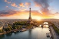 Aerial view of the Eiffel Tower at sunset, Paris, France, Aerial panoramic view of Paris with Eiffel Tower at sunset, France, AI