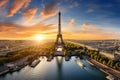 Aerial view of Eiffel Tower at sunset, Paris, France, Aerial panoramic view of Paris with the Eiffel Tower during sunset in France