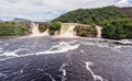 Aerial view of El Hacha waterfall at sunrise. Canaima National Park Royalty Free Stock Photo