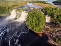 Aerial view of El Hacha waterfall at sunrise. Canaima National Park Royalty Free Stock Photo