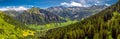 Aerial view of Elm village and Swiss mountains - Piz Segnas, Piz Sardona, Laaxer Stockli from Ampachli, Glarus, Switzerland, Europ