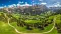Aerial view of Elm village and Swiss mountains - Piz Segnas, Piz Sardona, Laaxer Stockli from Ampachli, Glarus, Switzerland, Europ