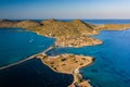 Aerial view of Elounda in Crete showing the sunken remains of the ancient Minoan city of Olous