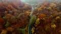 Top aerial view of empty forest road with autumn colors. Aerial view of curvy road in autumn forest Royalty Free Stock Photo