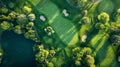 Aerial view of an empty golf course surrounded by lush greenery Royalty Free Stock Photo