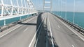 Aerial view of Empty Istanbul Bosphorus Bridge. Action. Aerial view of white new bridge above breathtaking blue water. Royalty Free Stock Photo