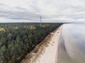 Aerial view on empty Jurmala beach, Cloudy sky, Green forest, nobody. Latvia