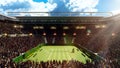 Aerial view of empty tennis court, open air stadium with flashlights, sport fans tribune. Daytime game. 3D render