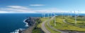 aerial view of Environmentally friendly installation of photovoltaic power plant and wind turbine farm situated by Royalty Free Stock Photo