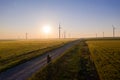 Aerial view of Eolian generators in a beautiful wheat field. Eolian turbine farm. Wind turbine silhouette. Wind mill turbines. Wi Royalty Free Stock Photo