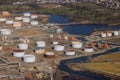 Aerial view oil refinery with a large oil storage tank