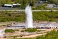 Aerial view of an eruption of Strokkur geyser in Iceland