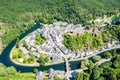 Aerial view of Esch-sur-Sure, medieval town in Luxembourg, dominated by castle, canton Wiltz in Diekirch. Royalty Free Stock Photo