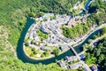 Aerial view of Esch-sur-Sure, medieval town in Luxembourg, dominated by castle, canton Wiltz in Diekirch. Royalty Free Stock Photo