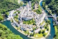 Aerial view of Esch-sur-Sure, medieval town in Luxembourg, dominated by castle, canton Wiltz in Diekirch. Royalty Free Stock Photo