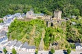 Aerial view of Esch-sur-Sure, medieval town in Luxembourg, dominated by castle, canton Wiltz in Diekirch.