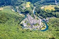 Aerial view of Esch-sur-Sure, medieval town in Luxembourg, dominated by castle, canton Wiltz in Diekirch. Royalty Free Stock Photo