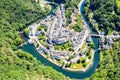 Aerial view of Esch-sur-Sure, medieval town in Luxembourg, dominated by castle, canton Wiltz in Diekirch.