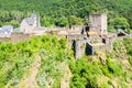 Aerial view of Esch-sur-Sure, medieval town in Luxembourg, dominated by castle, canton Wiltz in Diekirch.