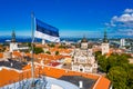Aerial view of the Estonian flag waving on the Tall Hermann Tower ,Tallinn, Estonia Royalty Free Stock Photo