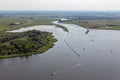 Aerial view estuary of Dutch river Vecht with sailing ships Royalty Free Stock Photo