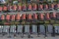 Aerial view of European real estate neighborhood, residential area housing estate, urban environment, city houses from above Royalty Free Stock Photo