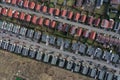 Aerial view of European real estate neighborhood, residential area housing estate, urban environment, city houses from above Royalty Free Stock Photo