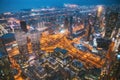 Aerial View Of Evening Night Scenic View Of Skyscraper In Dubai. Street Night Traffic In Residential District Royalty Free Stock Photo