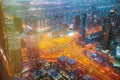 Aerial View Of Evening Night Traffic Of Dubai. City Street Night Illumination Of Residential District In Dubai. Night