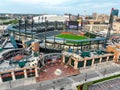 Aerial view of An expansive lush green stadium on a sunny day in the USA