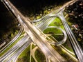 Aerial view Expressway motorway highway circus intersection at Night time Top view , Road traffic in city Warsaw Royalty Free Stock Photo