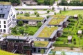 Aerial view of extensive green living sod roofs with vegetation