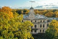 Aerial view of the facade of the Znamenka palace-estate on a sunny autumn day.Znamensky Palace in Peterhof.Palace of Grand Duke Royalty Free Stock Photo