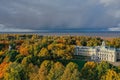 Aerial view of the facade of the Znamenka palace-estate on a sunny autumn day.Znamensky Palace in Peterhof.Palace of Grand Duke Royalty Free Stock Photo