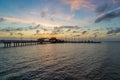 Aerial view of the Fairhope Pier and Mobile Bay at sunset on the Alabama Gulf Coast USA