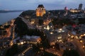 Aerial view of Fairmont Le Chateau Frontenac in the evening. Quebec, Canada Royalty Free Stock Photo