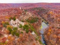Aerial view of the fall color of Lake Ozark and the castle ruins Royalty Free Stock Photo