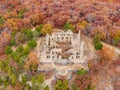 Aerial view of the fall color of Lake Ozark and the castle ruins Royalty Free Stock Photo