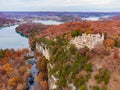 Aerial view of the fall color of Lake Ozark and the castle ruins Royalty Free Stock Photo