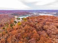 Aerial view of the fall color of Lake Ozark and the castle ruins Royalty Free Stock Photo