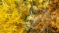 Aerial view fall colors over waterfall in North Carolina mountains Royalty Free Stock Photo